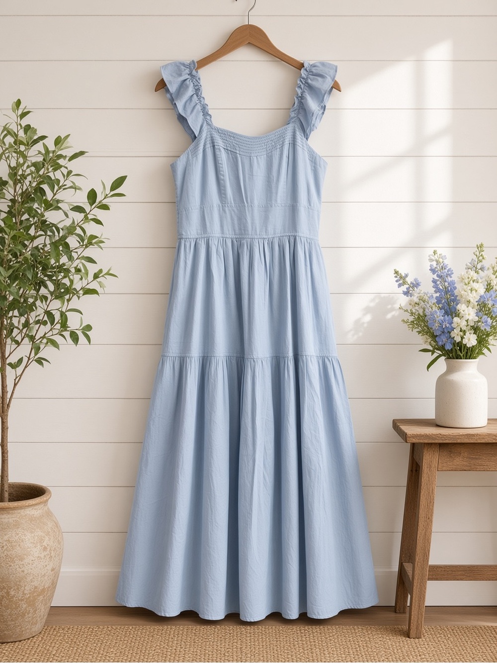 Light Blue Ruffle Strap Midi Dress Square Neck Tie Small